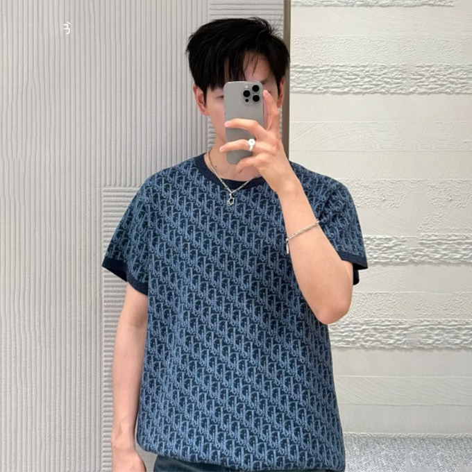 dior allover oblique jacquard knit short sleeve t-shirt